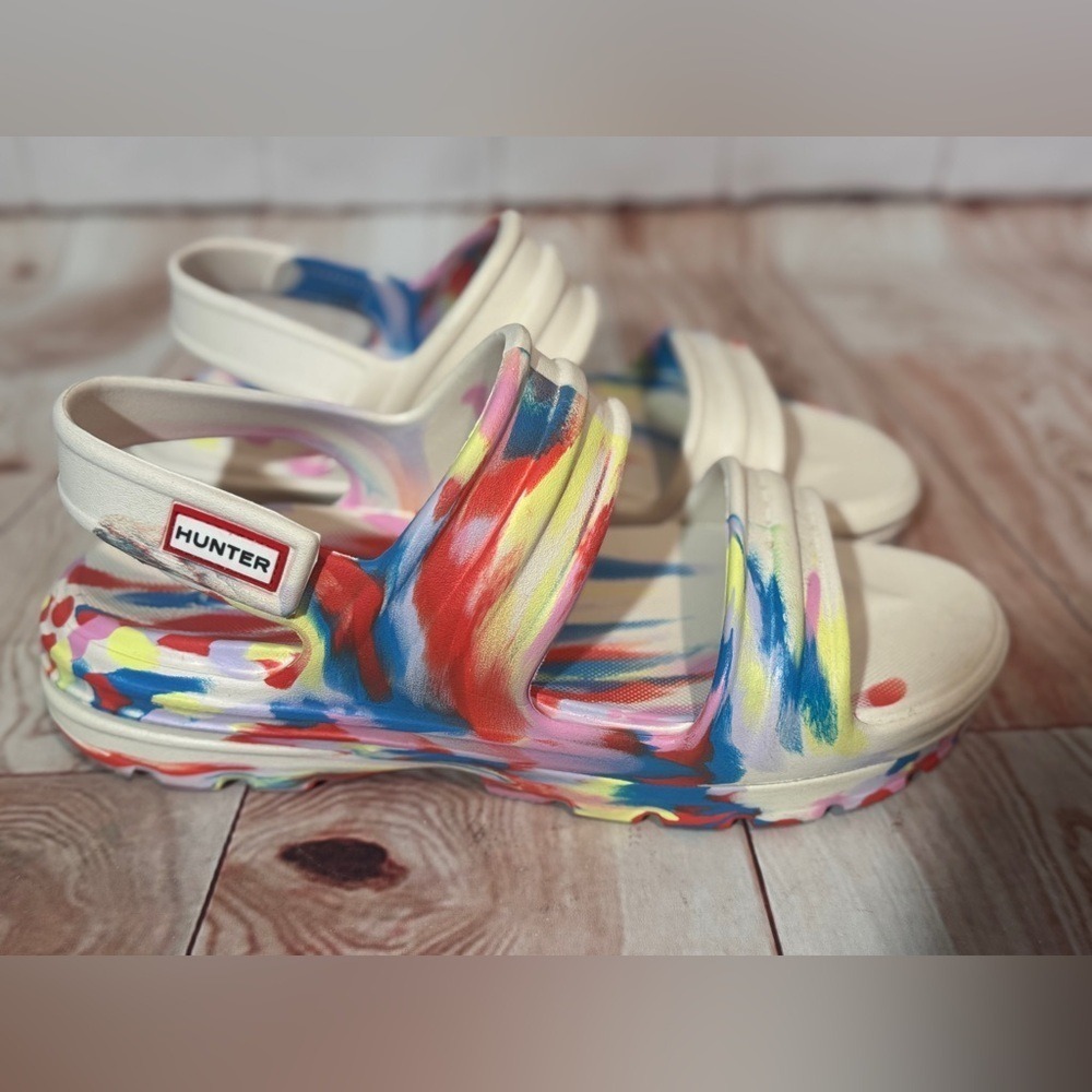 Hunter Rainbow Paint Splash Platform Adjustable strap Sandals‎ size 9 Women's